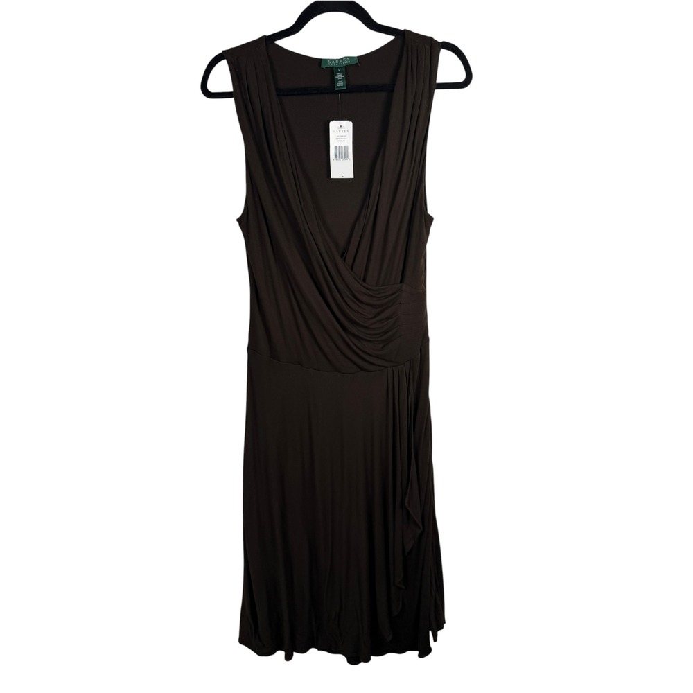 NWT Lauren Ralph Lauren Brown Jersey Stretch Faux Wrap Dress Size Large